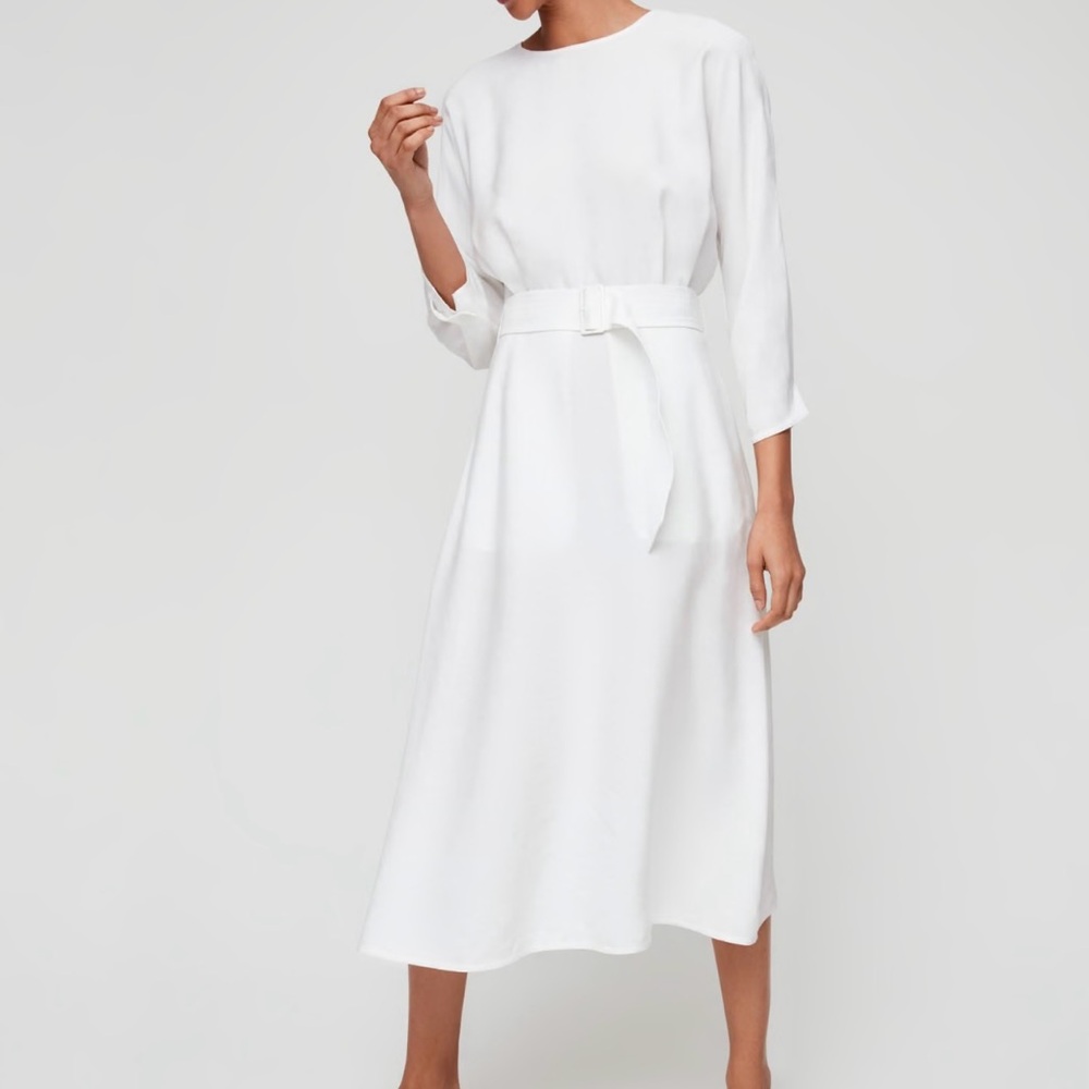 Wilfred Tavin Classy Linen Blend Midi Dress 3/4 Sleeves Crew Neck White Size XXS